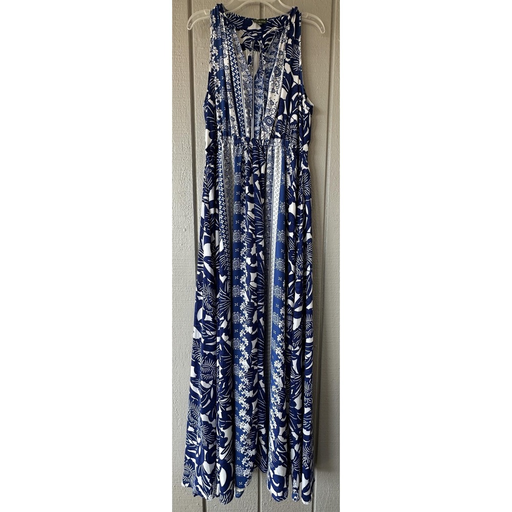 {tl} The Letter Dress Womens XS Blue White Floral Maxi Sleeveless‎ V Neck Boho